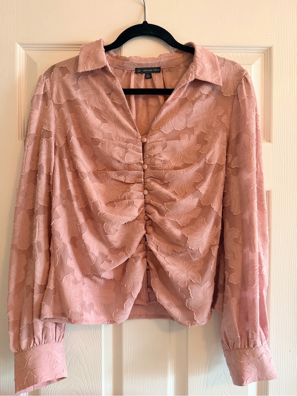 Adrianna Papell Blush Pink Ruched Button-Front Jacquard Blouse